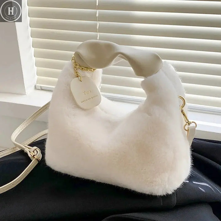 Women Faux Fur Plush Handbags Ruched Handle Small Lady Shoulder Crossbody Bag Casual Half-Moon Hobos Winter Bags for Women HALALZEN