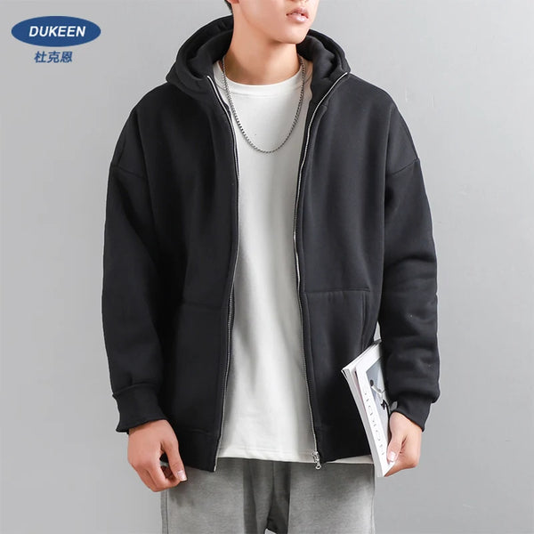 Dukeen Winter Hoodies for Men with Fleece Thicken Warm Zip-Up Hooded Shirt Casual Solid Color Woman Clothing White Black Coat