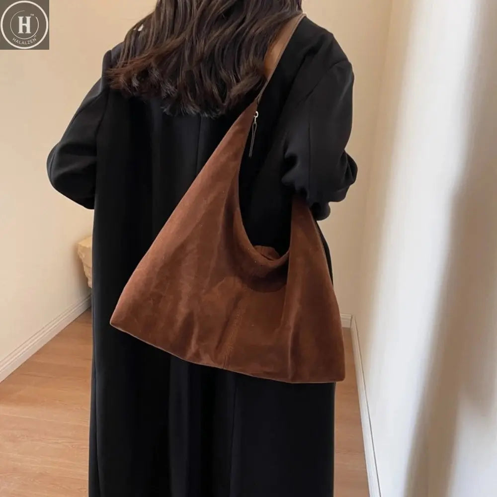 Women Suede Shoulder Bag with Zipper Hobo Bags Large Capacity Handbag Slouchy Bag Commuter Travel Bag Purses and Handbags HALALZEN