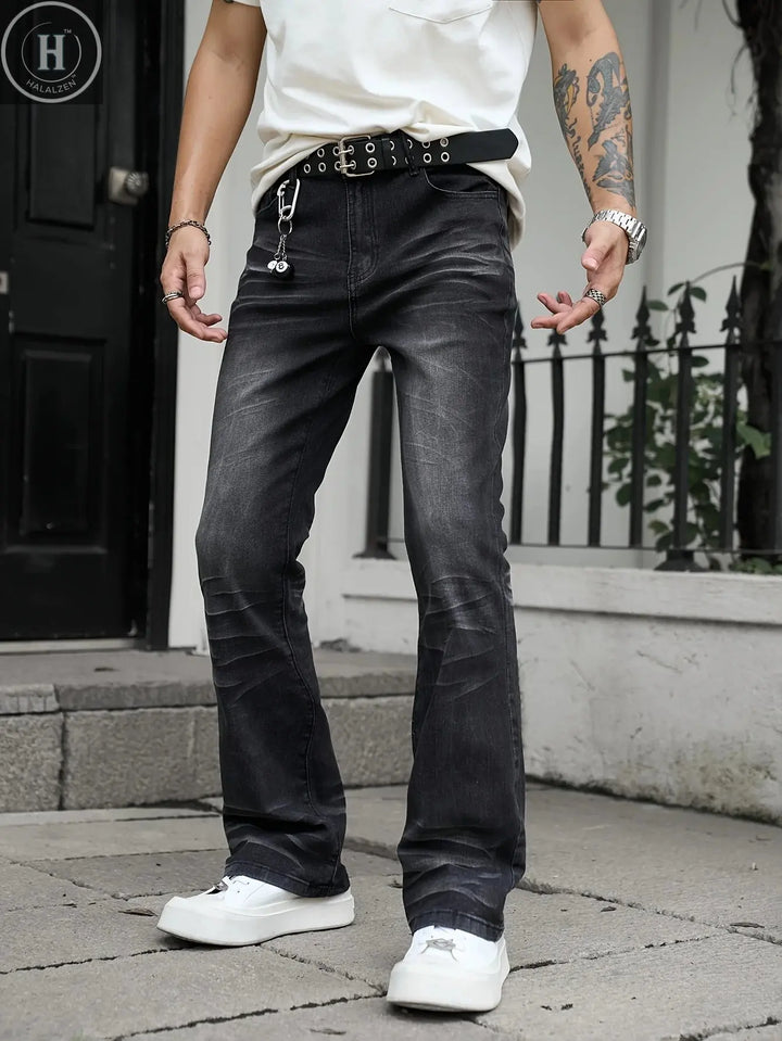 High street Vibe style heavyweight washed black grey slightly flared elastic slim fit jeans for men Halalzen UK