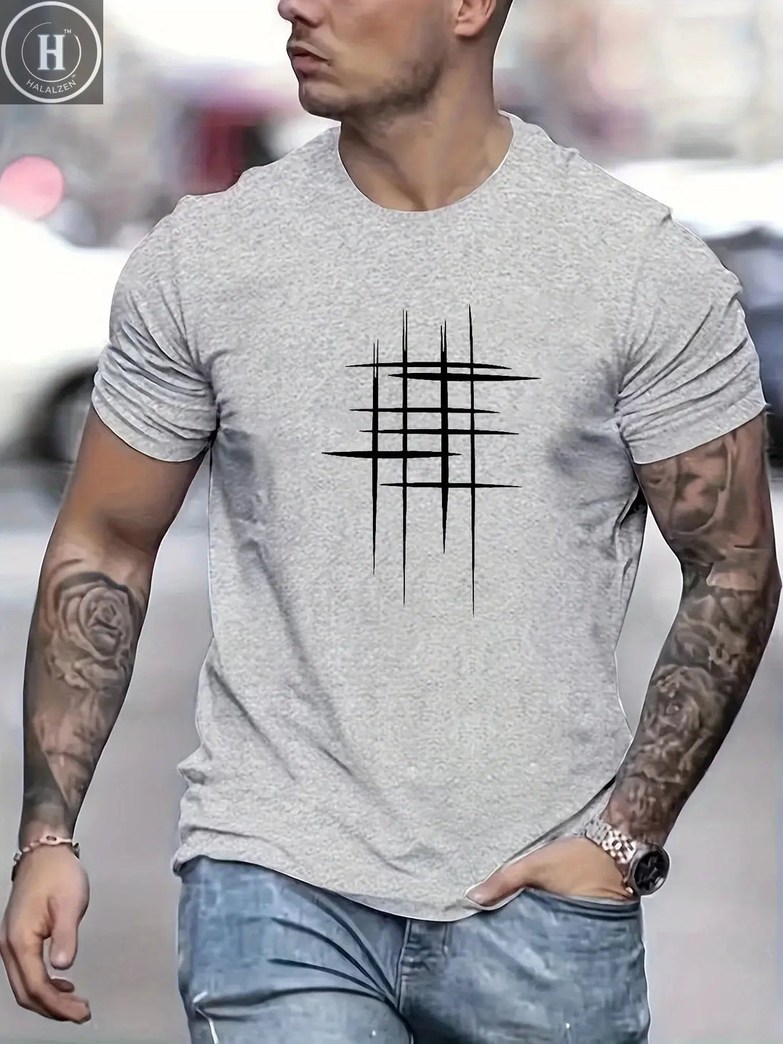 Summer Men's 100% Cotton Casual Loose Size Graphic Line Print Round Neck Short Sleeve T-shirt Top HALALZEN