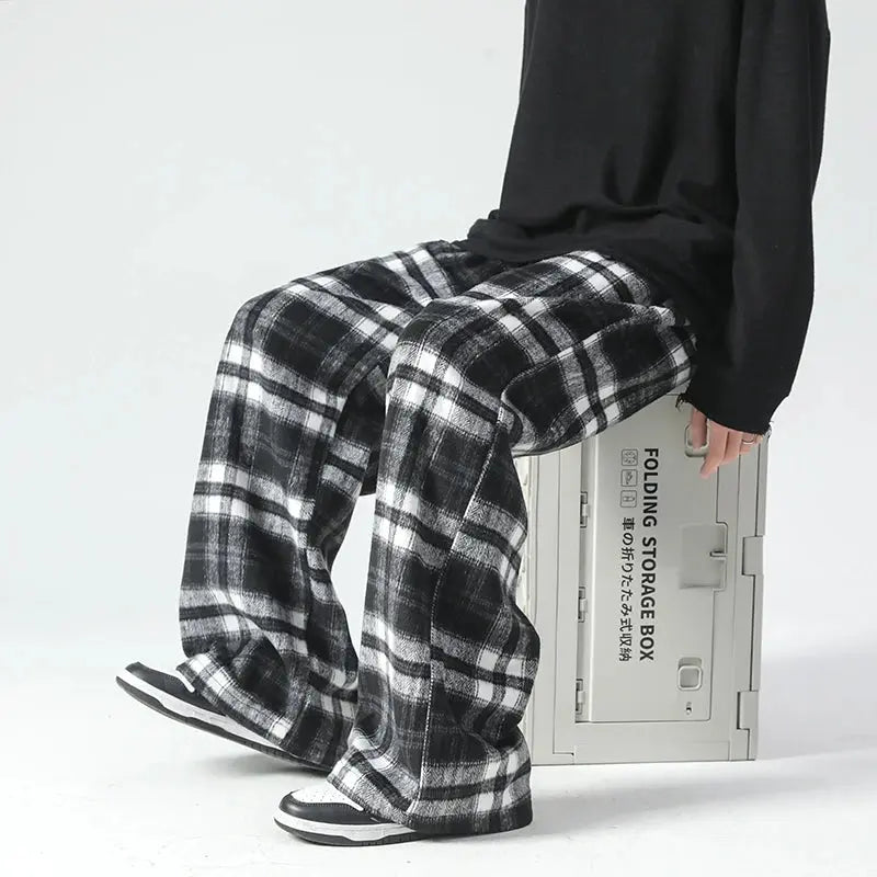 Vintage Plaid Pants Men's Loose Wide Leg Pants Autumn New Lazy Wind Straight-leg Leisure Trousers Male Jogger Sweatpant Halalzen UK