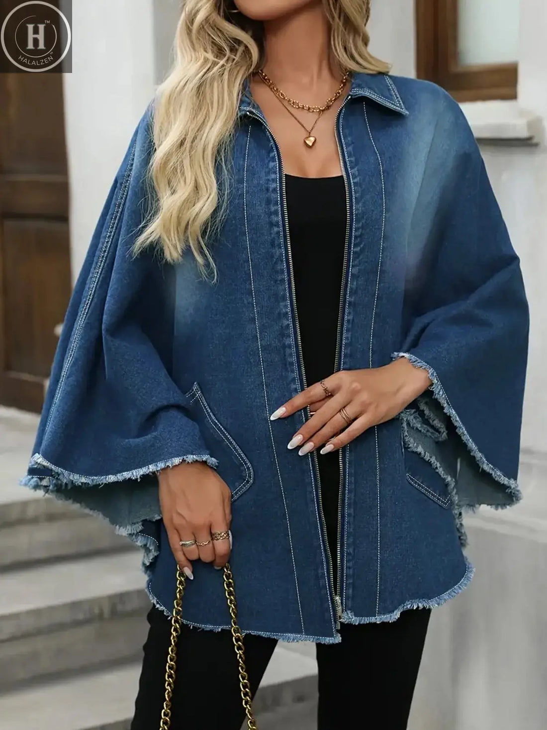 Plus Size Women's Denim Jacket Loose Fit with Frayed Hem And Cloak Design Casual Comfortable plus Size Women's Jeans Jacket Halalzen UK