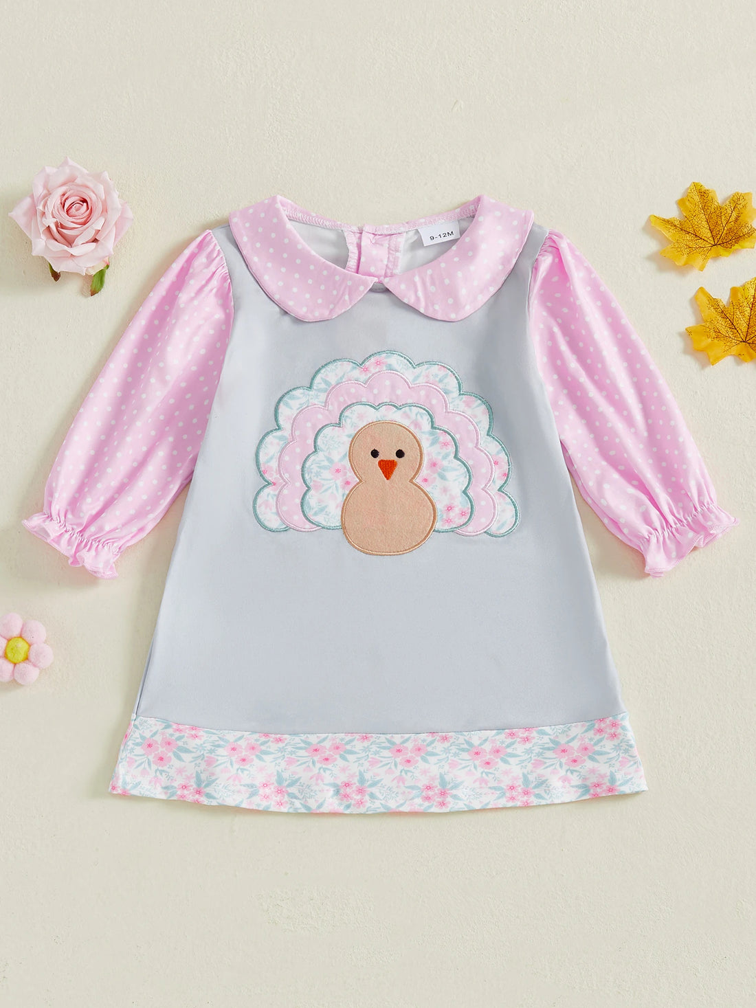 Adorable Infant Girl Fall Dress with Cute Turkey Embroidery and Lantern Sleeves for Thanksgiving Celebration