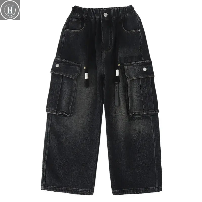 School Boy Winter Insulated Cargo Jeans Children's Warm Fleece Lined Stretch Straight Trousers For Kids Thermal Denim Pants 4-14 HALALZEN