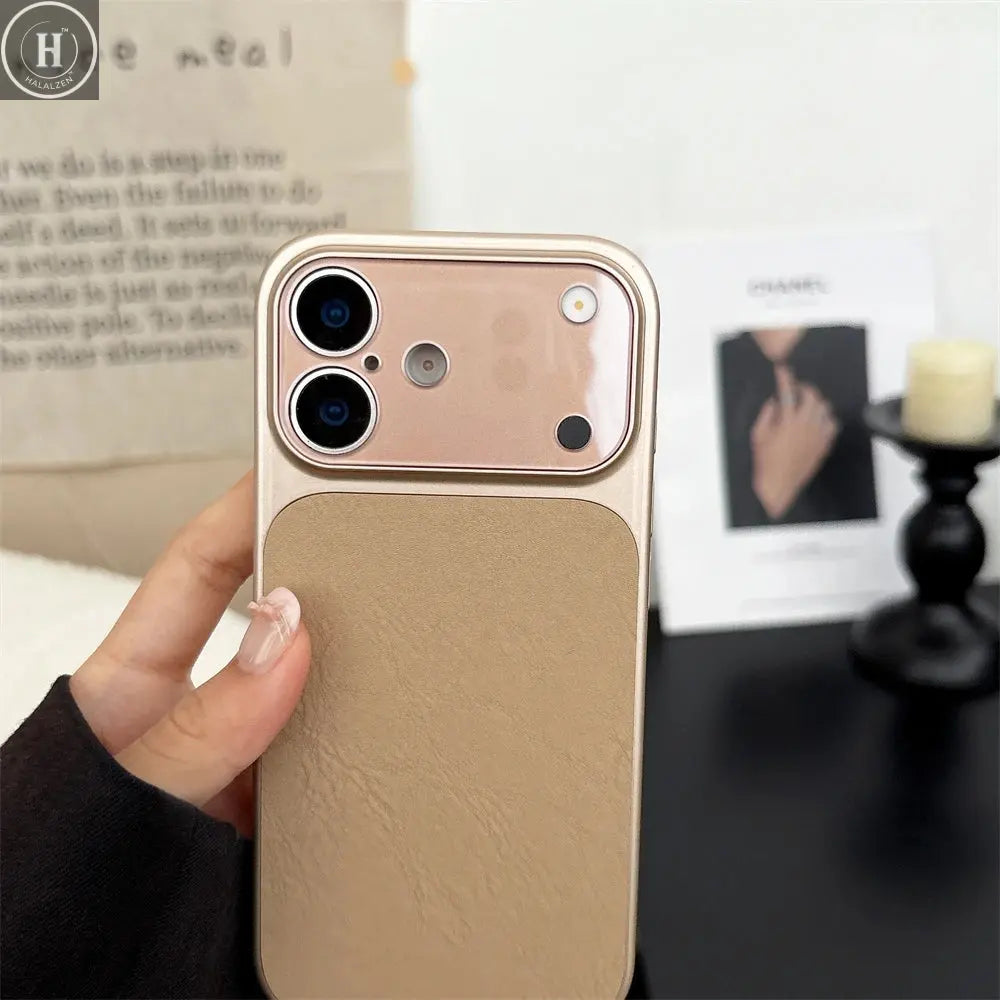 Luxury Large Window Leather Phone Case For iPhone 17 16 15 14 13 Pro Max Lens Protection Matte Shockproof Plating Back Cover Halalzen UK