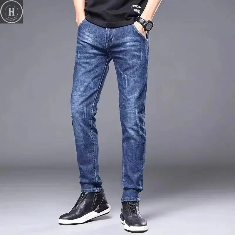 Men's Stylish Classic Business Casual Jeans Four Seasons Wear Black Blue Pants Middle-waist Leggings Denim Fabric Trousers Male Halalzen UK