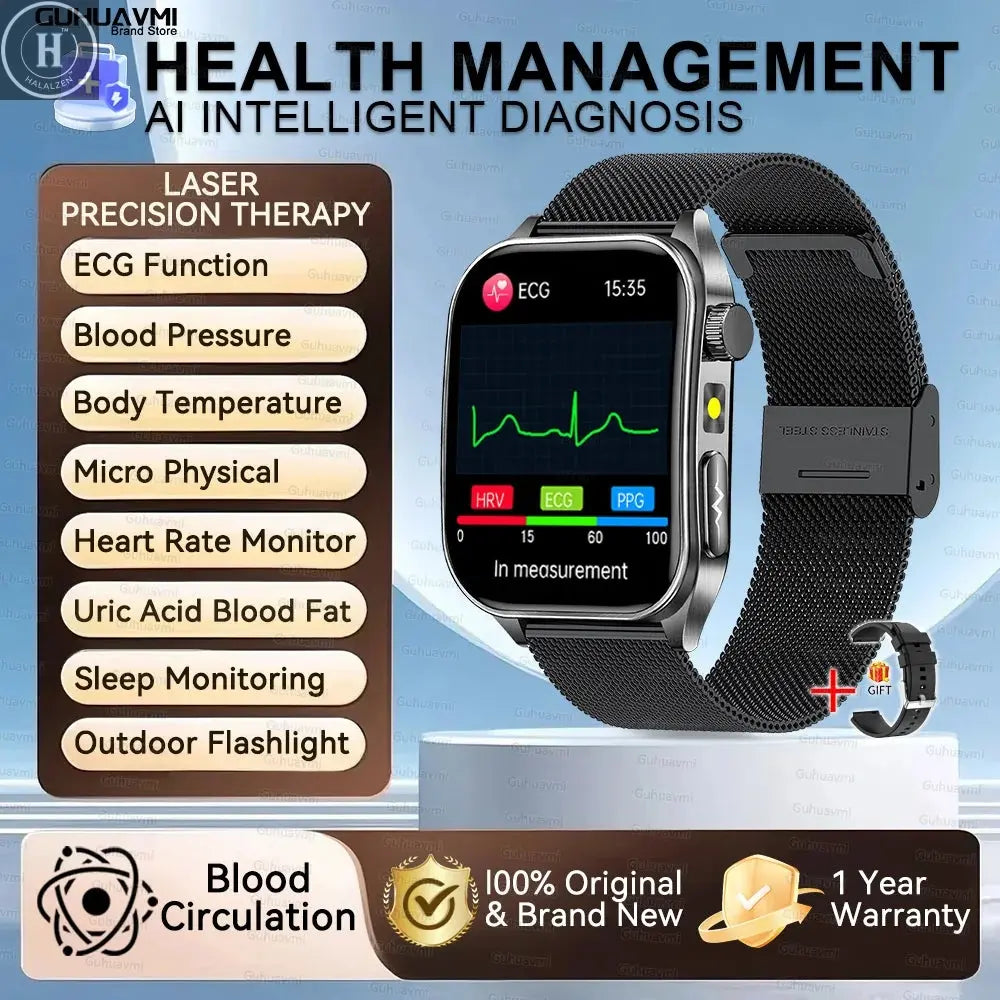 2026 New Health Smart Watch Laser Therapy Reduce Three Highs Blood Oxygen Pressure Uric Acid Blood Lipid ECG Smartwatch For Man HALALZEN