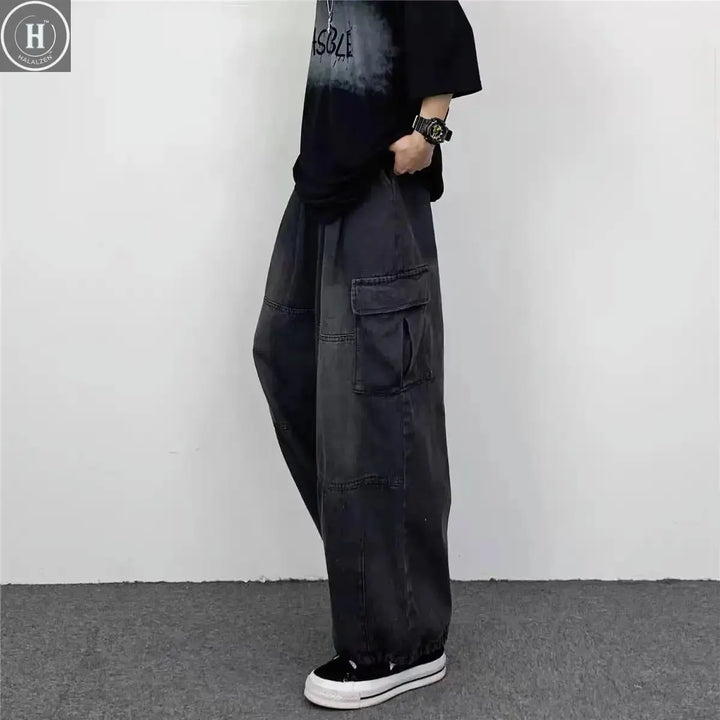 Spring And Autumn Vintage Wide Leg Big Pocket Overalls Men Y2K Neutral Loose Straight Leg Casual High Street Hip Hop Jeans Halalzen UK