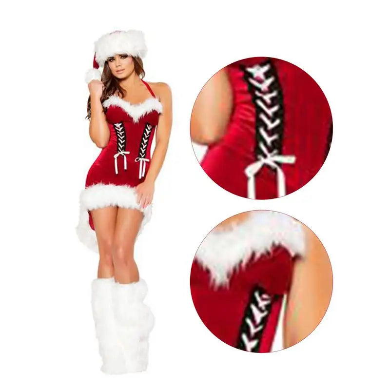 Women Santa Costume Santa Outfit  Women's Red Christmas Strap Dress with Hat and Leg Warmers for Christmas Role Play