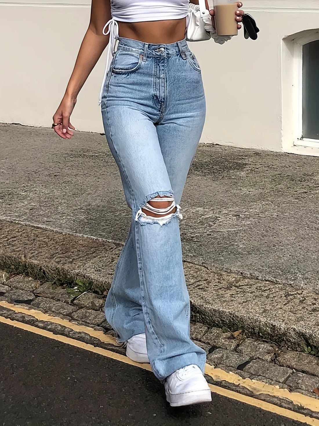 2025 new women's wide-leg ripped slightly flared jeans, high-waisted, non-elastic, comfortable and versatile - the best choice f