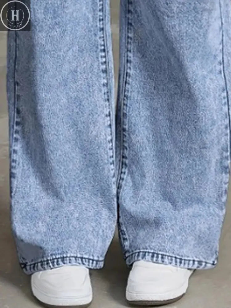 Denim Wide Leg Jeans High waisted  Bow Embroidered Pocket Wide Leg Jeans Fashionable Women's Trousers Casual Style Halalzen UK