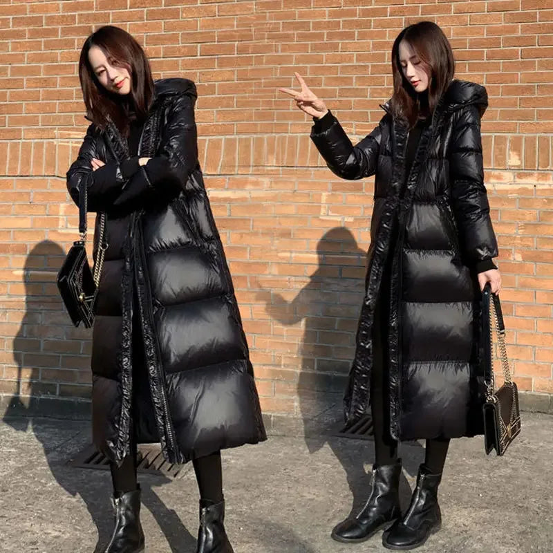 Black Glossy Parka Coat Women's 2024 Fashion Thicken Winter Hooded Loose Long Jacket Female Windproof Rainproof Warm Outwear