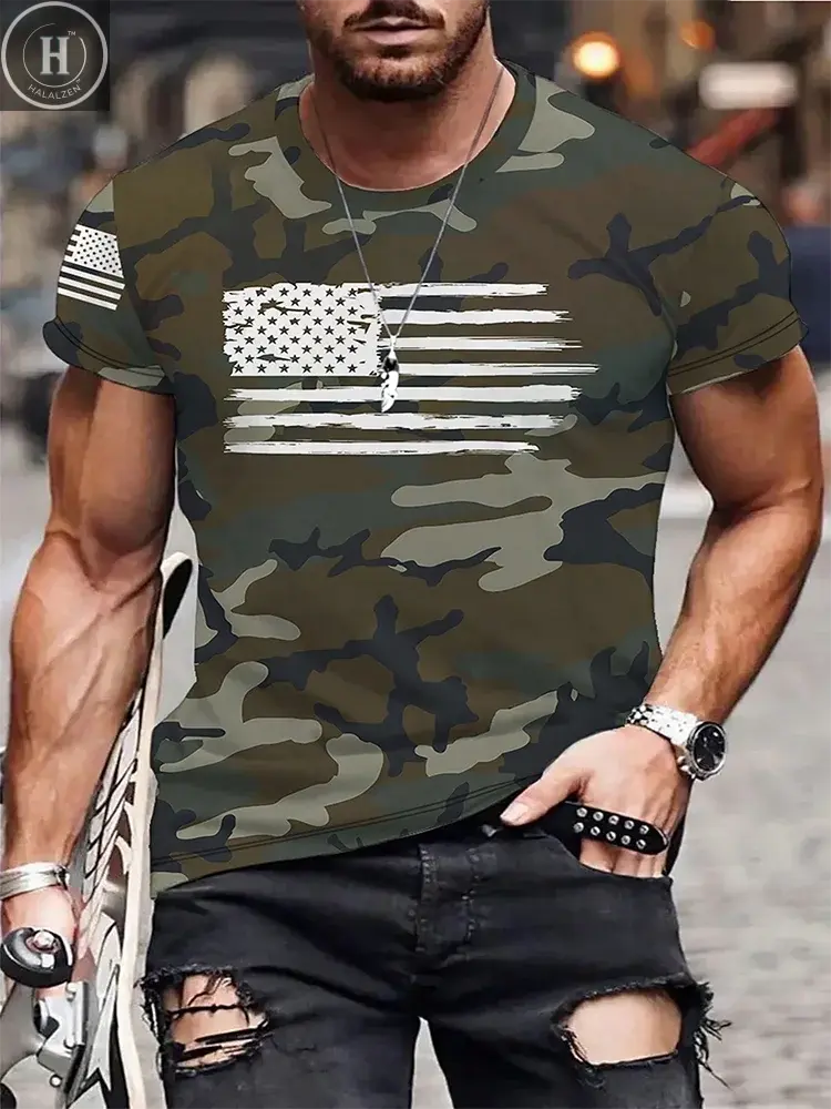 Camouflage 3D Print T-Shirt Fashionable Hip-Hop Street Style Men's Casual Crew Neck T-Shirt Summer Loose Fit Short Sleeve HALALZEN