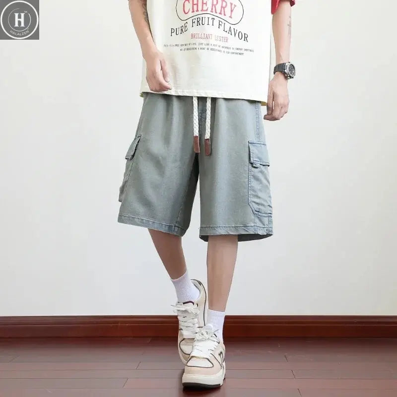 Spring Lyocell Fabric Washing Jean Thin Men Street Cowboy Shorts Neutral Pocket Big Loose Cropped Pants Casual Fashion Size 8xl Halalzen UK