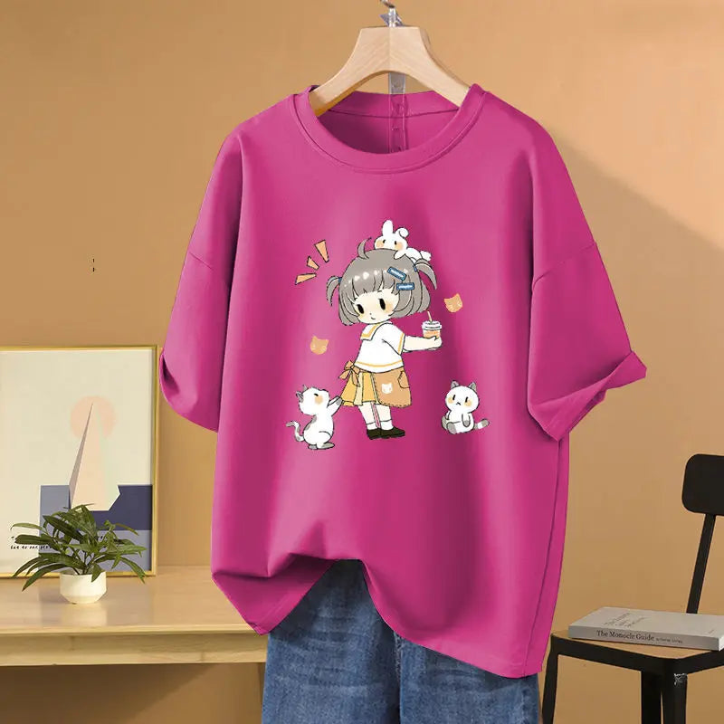 Summer Cartoon Printed T-shirt Loose Pure Cotton Short Sleeve O-neck Pullovers Women's Basic Casual Top Tees