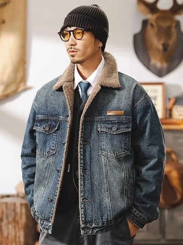 Men's Winter Thiened Lamb Velvet Cotton Jaet Casual Warm Workwear Denim Sle Coat with Inner Fce Collar Stand up Coat