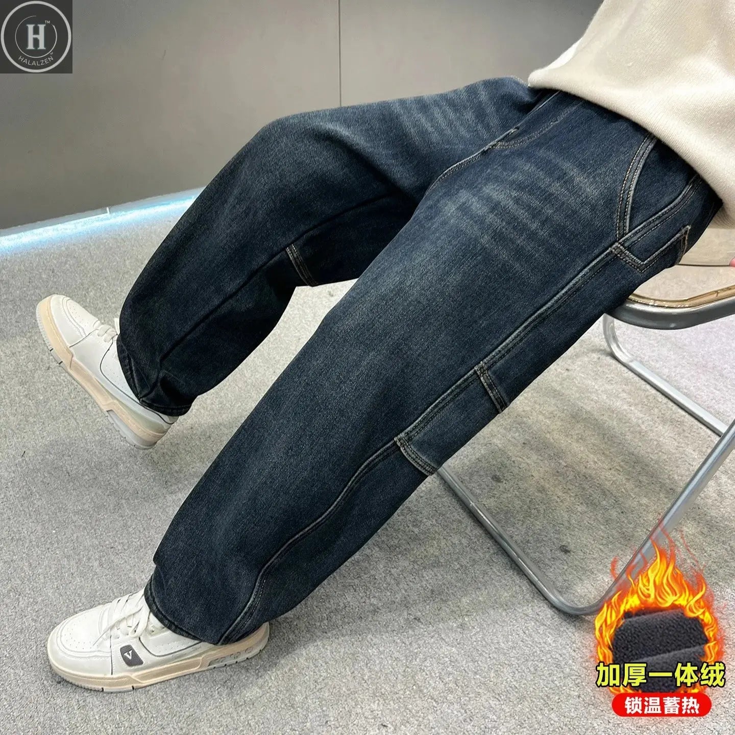 Boys Fleece Denim Pants with Back Pocket Teenager Boys Handsome Autumn Winter Warm Boys Thick Straight Leg Baggy Wide-leg Pants HALALZEN