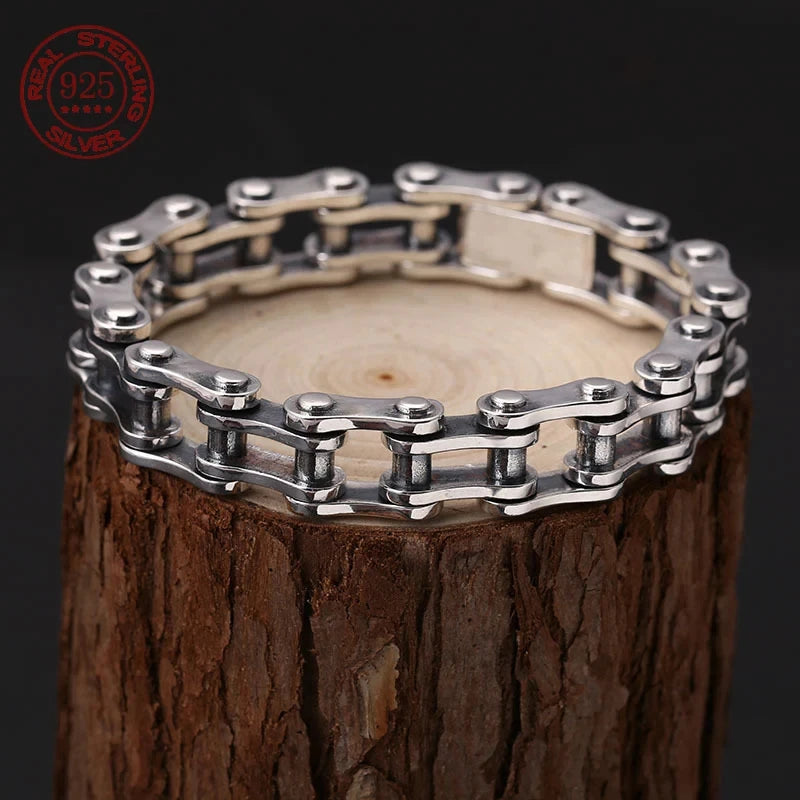 100% S925 Sterling Silver Punk Bicycle Chain Bracelet Punk S925 Silver Jewelry Certified Never Fade Men Jewelry Gifts