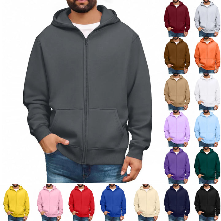 Men zip up hoodie plain color casual streetwear pullover jacket soft cozy fashionable urban youth winter hooded sweatshirt