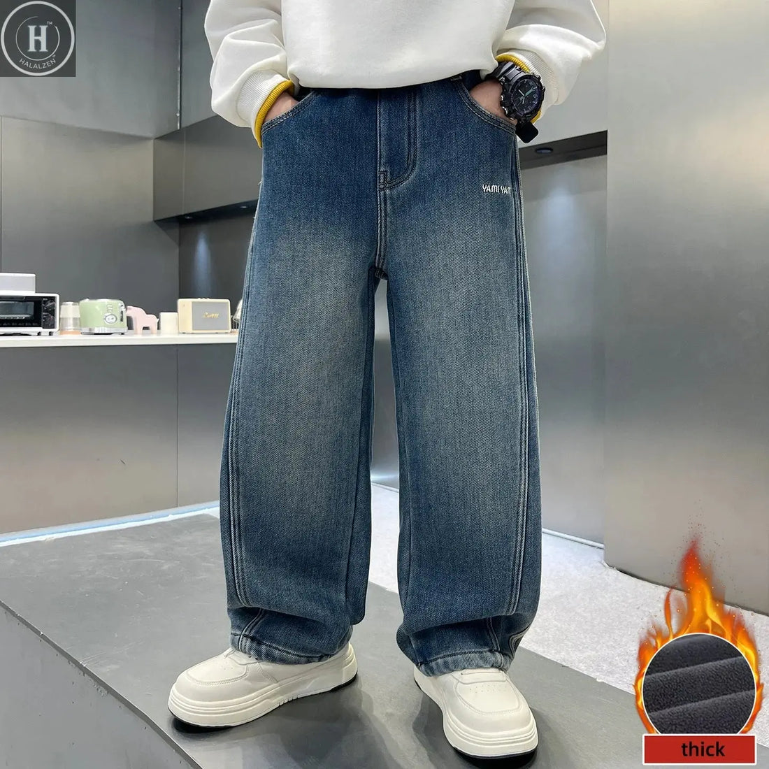 Kids Jeans Fleece Lined 5-16 Years Old Striped Loose Fit Warm Winter Pants Boys Thick Casual Trousers with Side Stripe Decor ﻿ HALALZEN