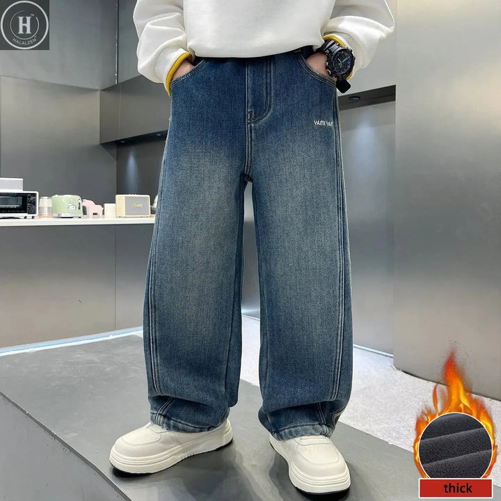 Kids Jeans Fleece Lined 5-16 Years Old Striped Loose Fit Warm Winter Pants Boys Thick Casual Trousers with Side Stripe Decor ﻿ HALALZEN