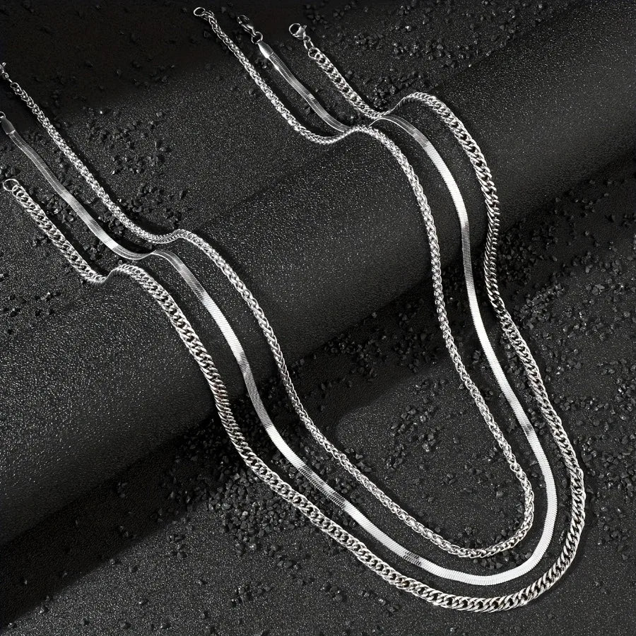3pcs Men's Black Stainless Steel Necklace Set - Punk Gothic Chain Link Design for Daily Wear