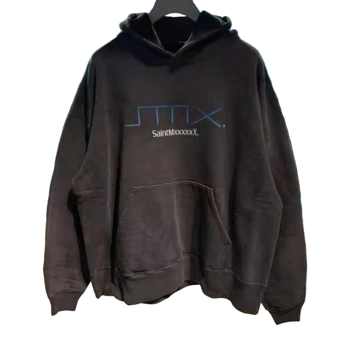 Saint Letter Print Hoodie Vintage Distressed Design Autumn Winter Warm Mens Loose Casual Sweatshirt