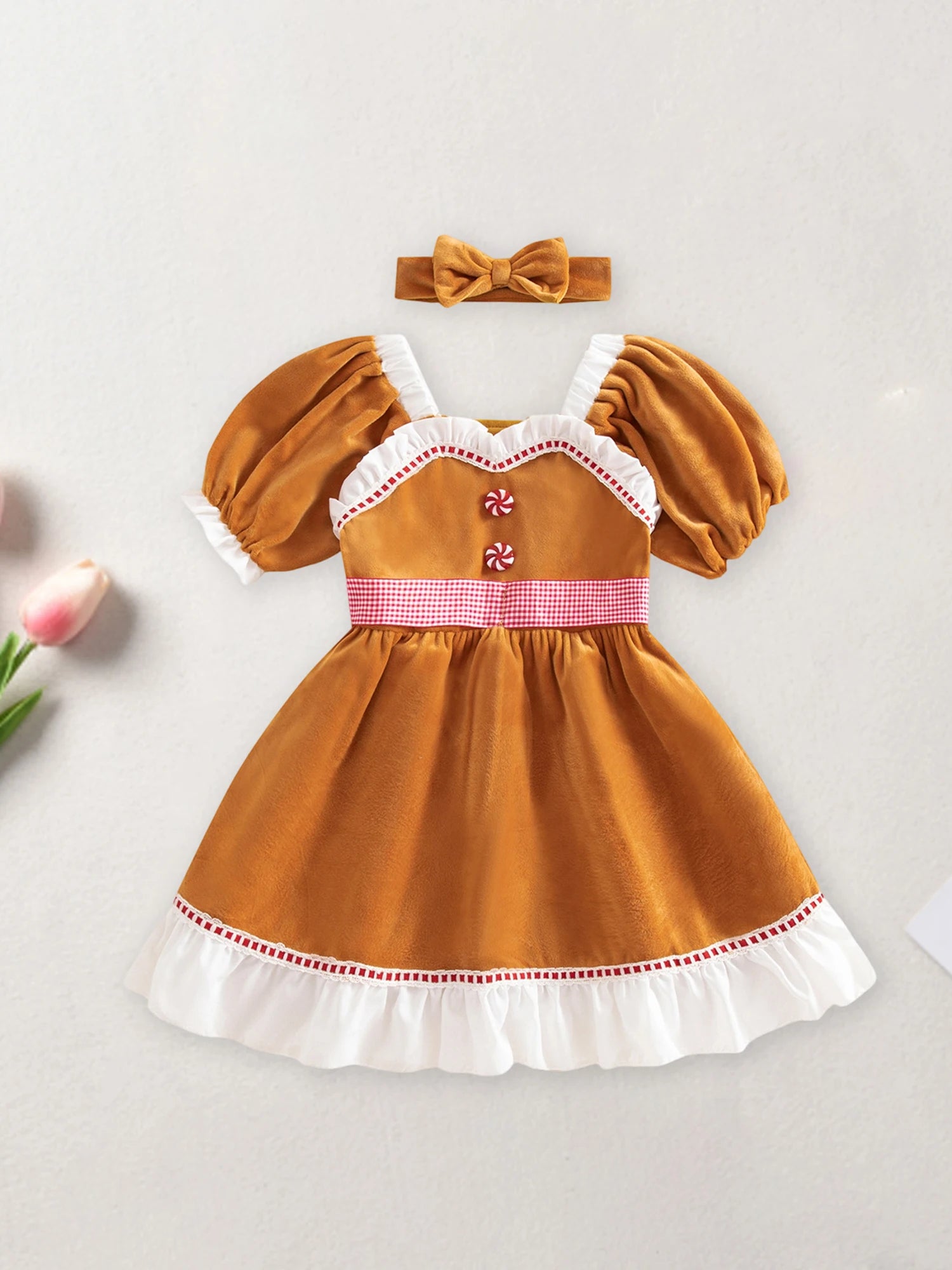 Little Girls Christmas A-line Dress Short Sleeve Candy Button Decor Dress with Headband