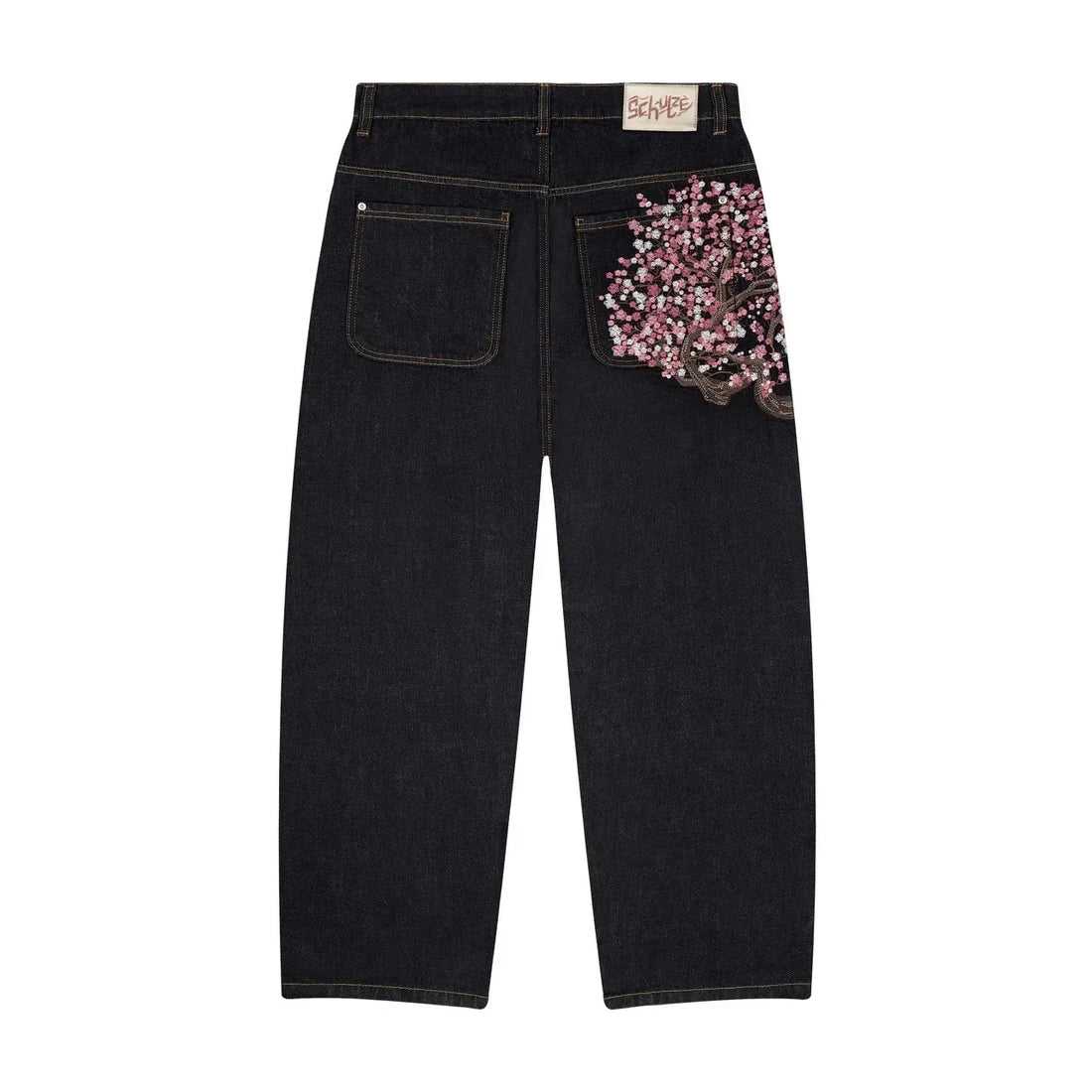 Y2K Baggy jeans Cherry Blossom Selvedge Embroidery Denim Pants men women denim fabric American Hiphop Streetwear Wide Leg Jeans
