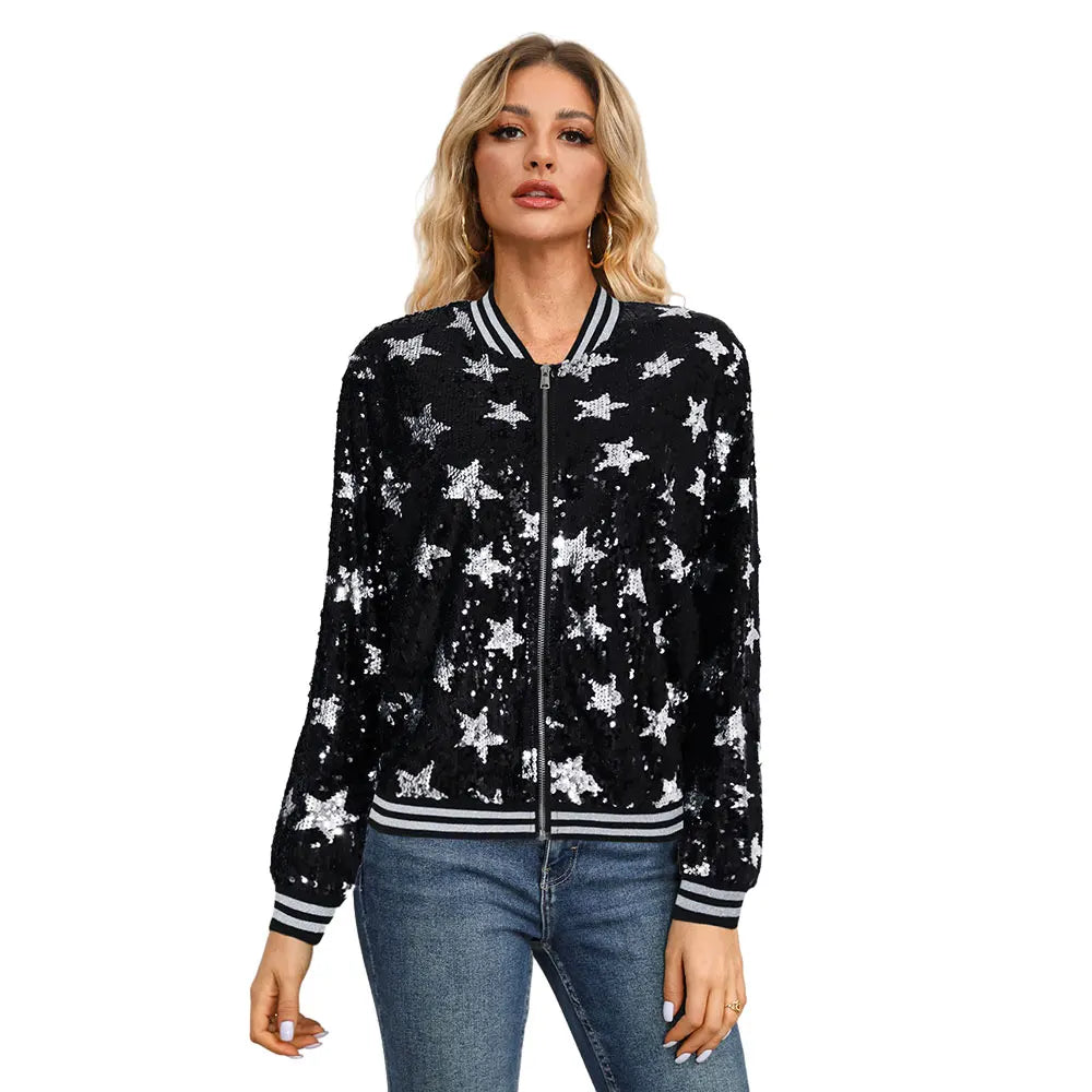 Women Bomber Gradient Color Sequins Baseball Jacket ong Sleeve Short Coats Elegant Solid Female Tops Female Ladies Office Wear