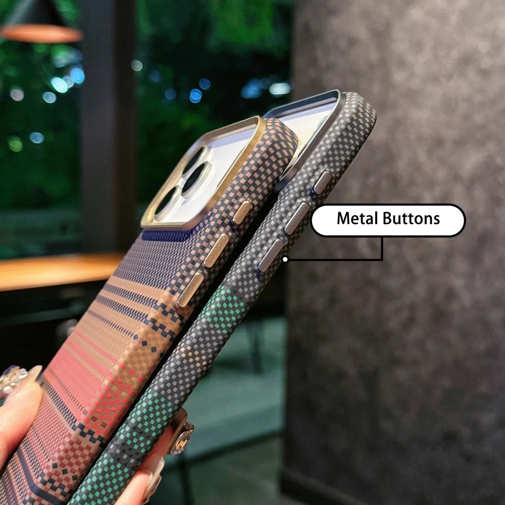 Carbon Fiber Relief Magsafe Case For iPhone 13 14 15 16 17 Pro Max Plus Magnetic Wireless Charging Alloy Lens Shockproof Cover