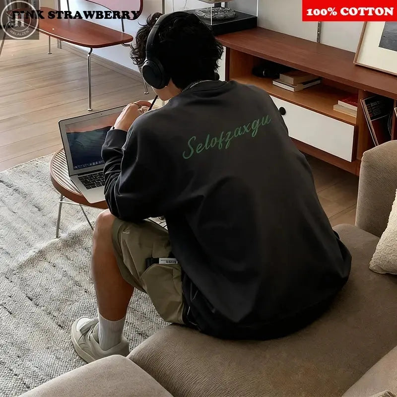 American Letter White T-shirt Men Autumn Winter 2025 New 100% Cotton Long sleeves Sport Gym T-shirt Loose Y2k Top men clothing HALALZEN