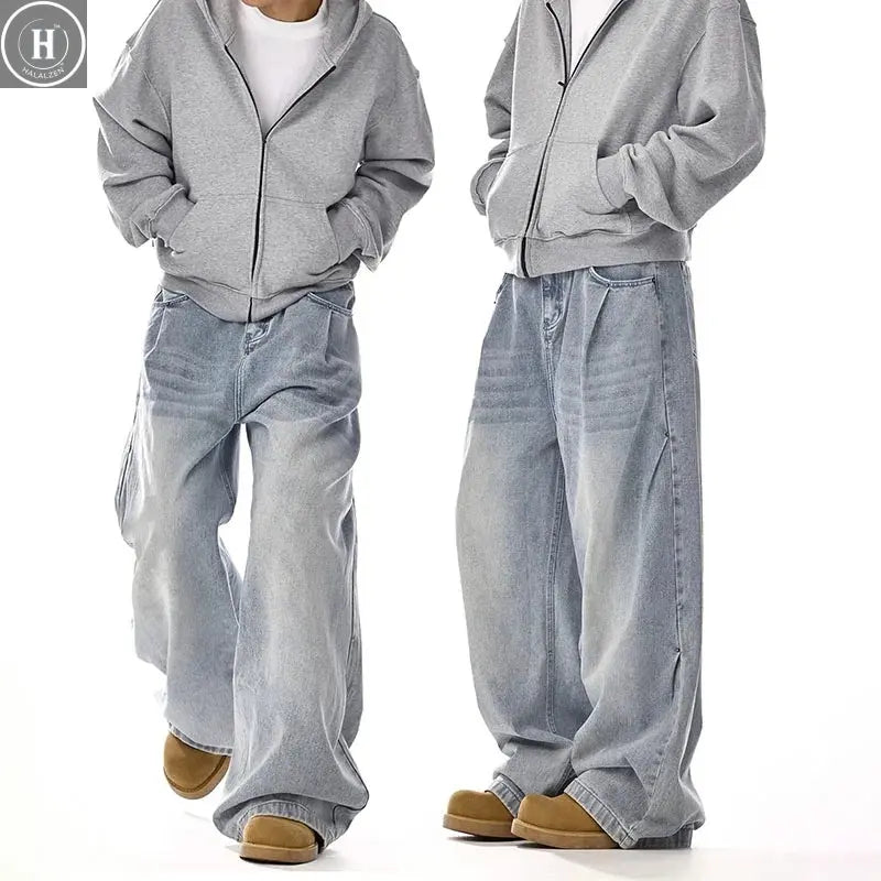 New Korean Retro Men'S Jeans High Street Straight Leg Pants Loose Casual Jeans Fashion Wide Leg Pants Halalzen UK