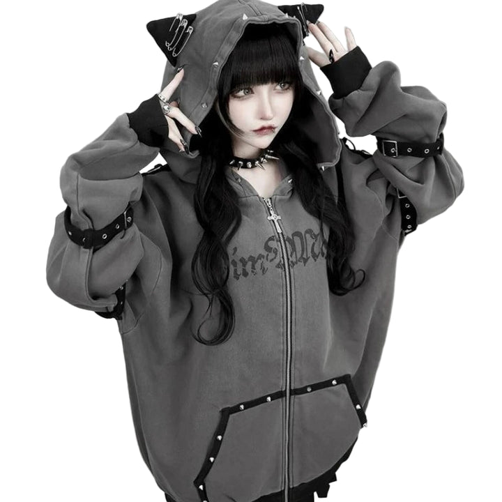 Streetwear Harajuku Hoodies Jackets Women's Clothing Hooded Punk Zipper Coat Japanese Rivet Print Fashion Casual Y2k Sweatshirts