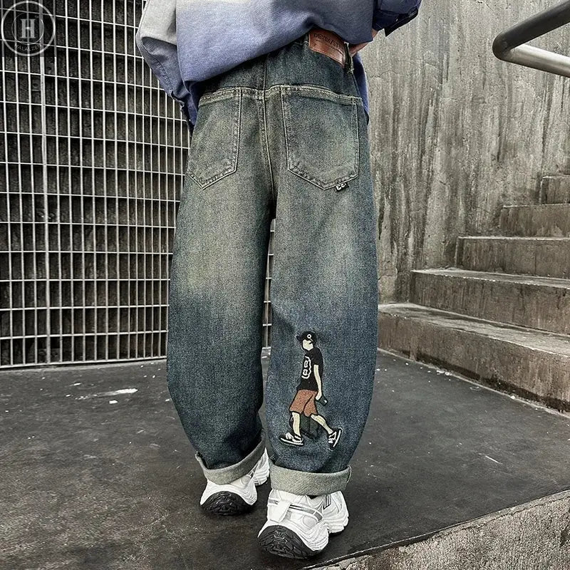 Big Boy Winter Insulated Cartoon Jeans For Kids Teenager Fleece Lined Denim Pants Children Wide Leg Thermal Jeans Trousers 5-14Y HALALZEN