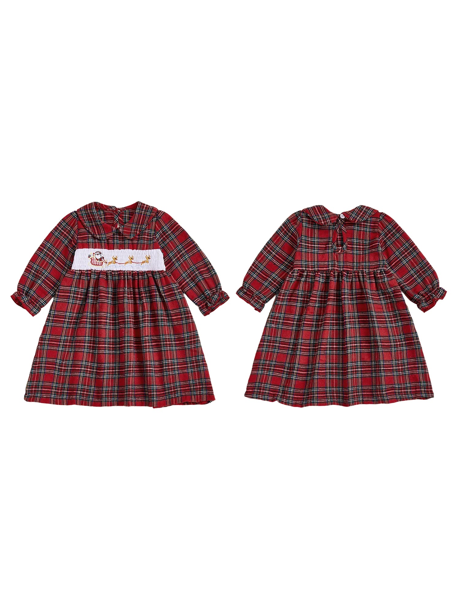 Christmas Plaid Dress with Santa and Reindeer Embroidery Doll Collar Long Sleeves A-line Silhouette - Adorable Winter and