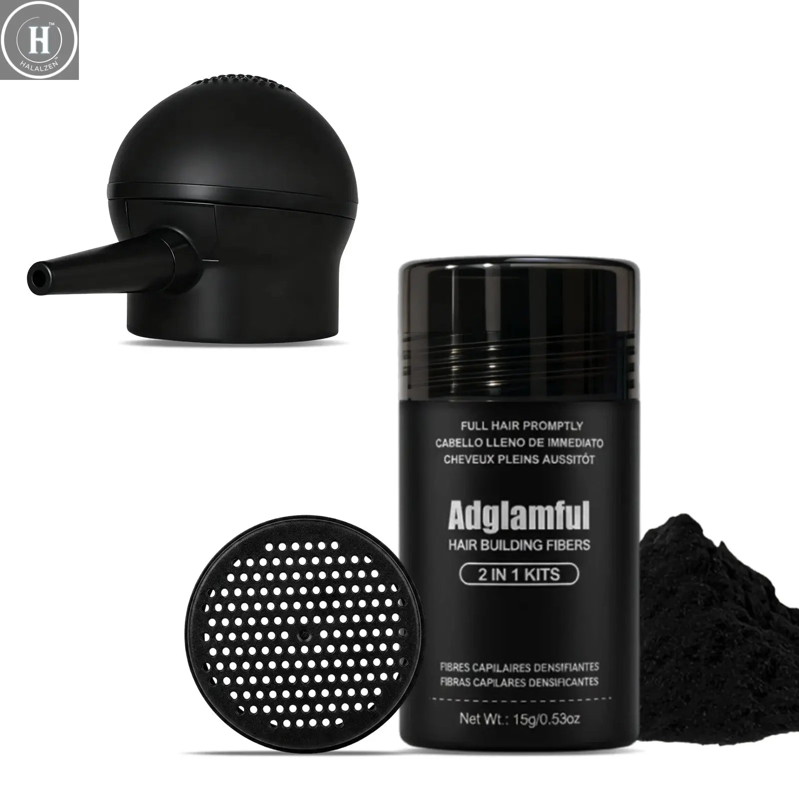 Adglamful Hair Fiber Kit – 15g Fiber Powder + Sprayer, instantly thickens & styles thin hair. Natural-looking, easy use HALALZEN