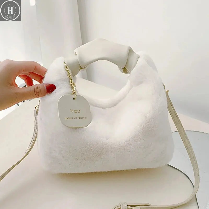 Women Faux Fur Plush Handbags Ruched Handle Small Lady Shoulder Crossbody Bag Casual Half-Moon Hobos Winter Bags for Women HALALZEN