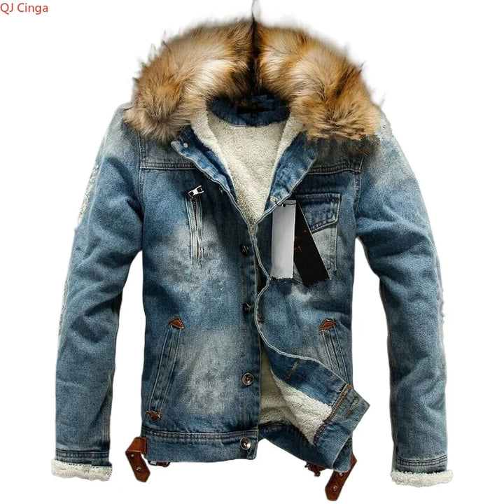 2026 New Men's Winter Denim Jacket with Fur Collar – Thick Warm Fleece Lined Jean Coat, Vintage Washed Blue Cotton Overcoat.