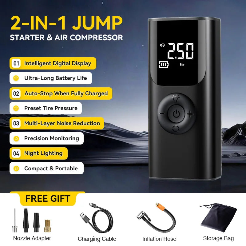 car jump starter 150PSI Portable Charger with Smart Digital Display, Suitable for Cars, Motorcycles, and Bicycles