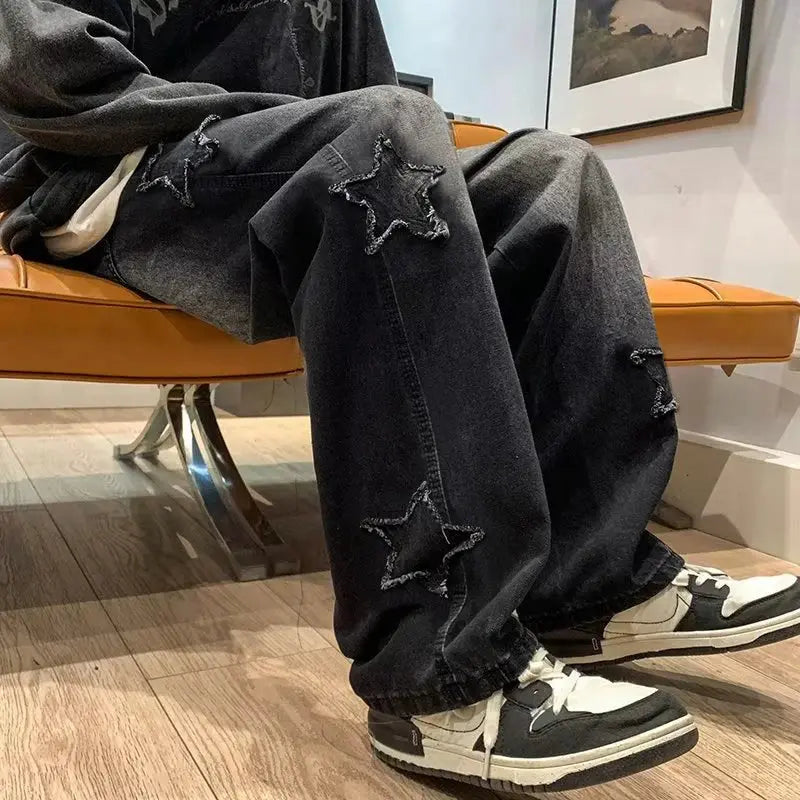 Stars Patchwork Men Jeans New Fashion Y2K Tassel Pants Korea Clothes Straight Hip Hop Splicing Trousers Male Streetwear Halalzen UK
