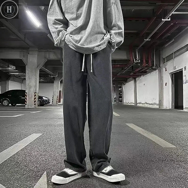 Korean Solid Colors Men's Casual Long Jeans Classic Man Four Seasons Straight Denim Wide-leg Pants Light Blue Grey Black 3XL Halalzen UK