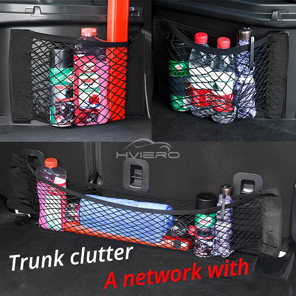 1X Car Back Rear Trunk Organizer Net Mesh Seat Elastic String Magic Sticker Universal Storage Bag Pocket Auto Put Paper Stowing
