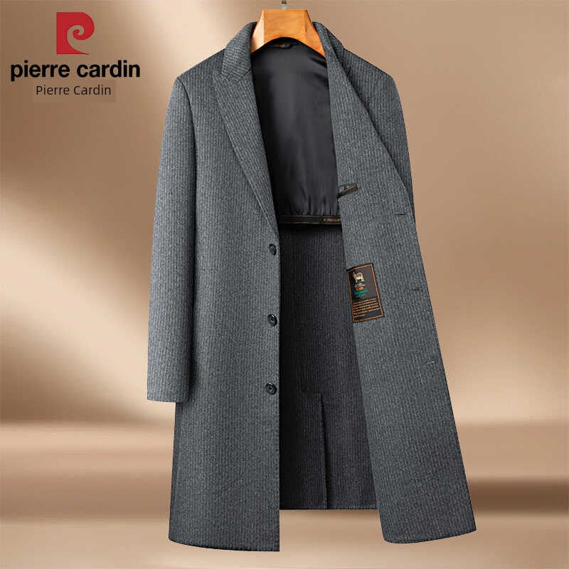 Pierre Cardin Hand-Stitched Wool Reversible Woolen Coat Closure Collar Casual Stripes Long Trench Coat Men