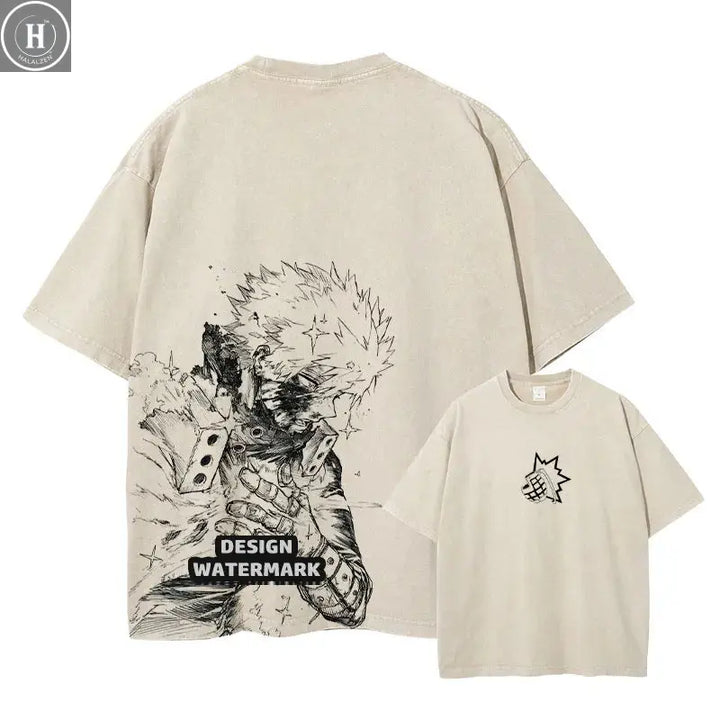 Anime Bakugou Katsuki T Shirt My Hero Vintage Washed Tops Tees Harajuku Manga Short Sleeve Oversized T-shirt 100% Cotton HALALZEN