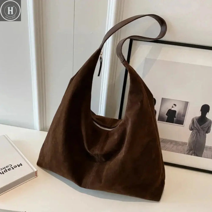 Women Suede Shoulder Bag with Zipper Hobo Bags Large Capacity Handbag Slouchy Bag Commuter Travel Bag Purses and Handbags HALALZEN