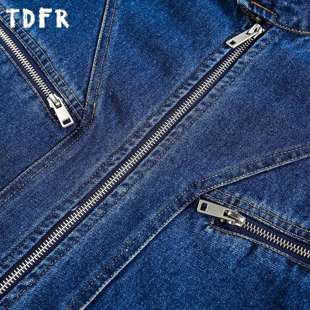 Zipper Decoration Denim Jacket Mens Spliced Retro Washed Distressed Stand Collar Long Sleeve Loose Jeans Jacket Man