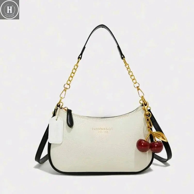 Cherry Pendant Crossbody Bag for Women PU Leather Crescent Bag Adjustable Strap Underarm Bag Closure Handbag for Work Travel HALALZEN