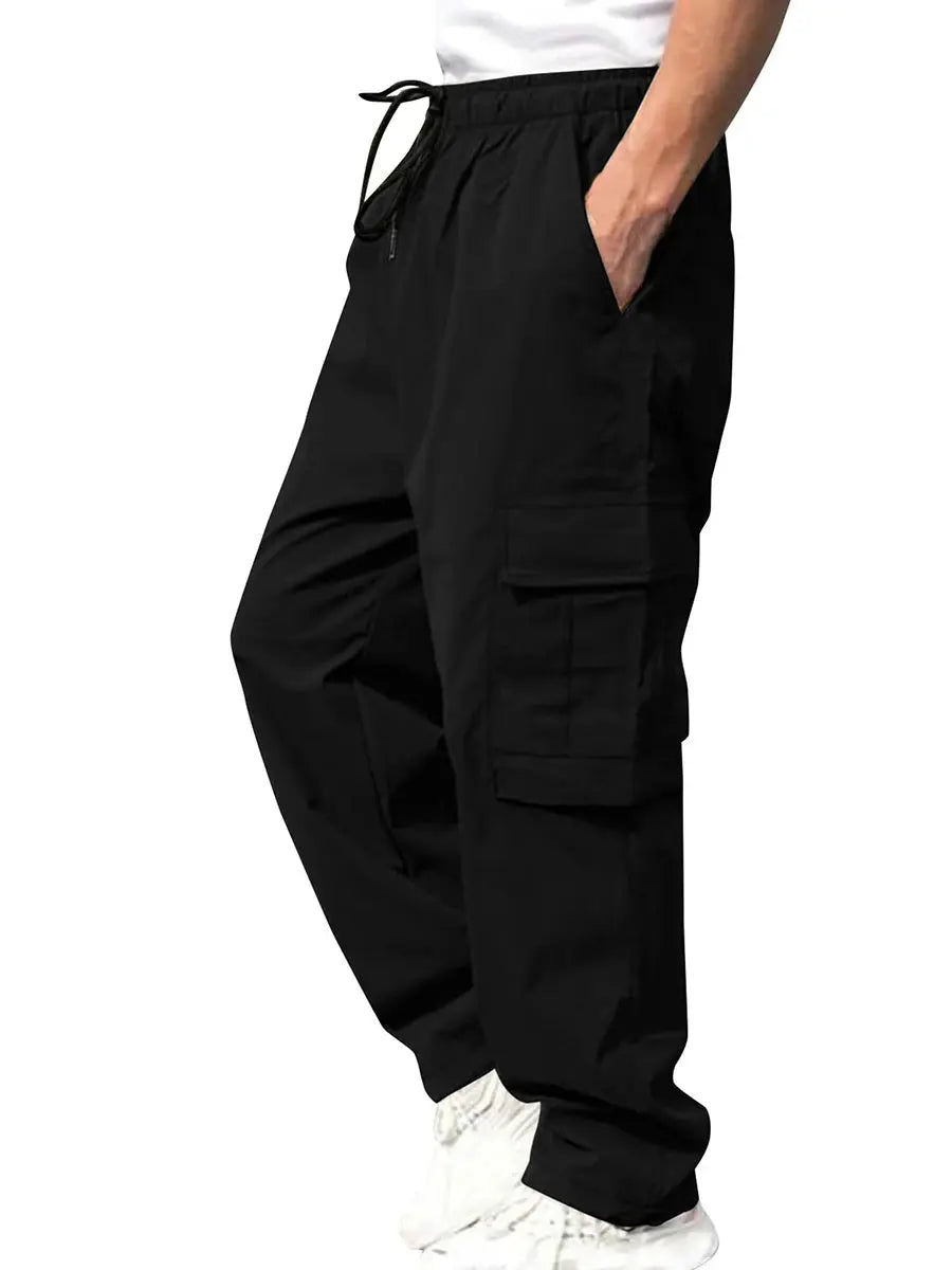 Men s Loose Cargo Long Pants Solid Color Drawstring Waist Straight Leg Trousers Casual Work Pants with Pockets Halalzen UK